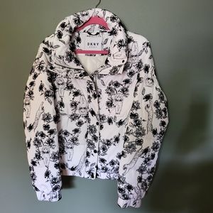 DKNY White Animal Print Winter Coat, Size Large